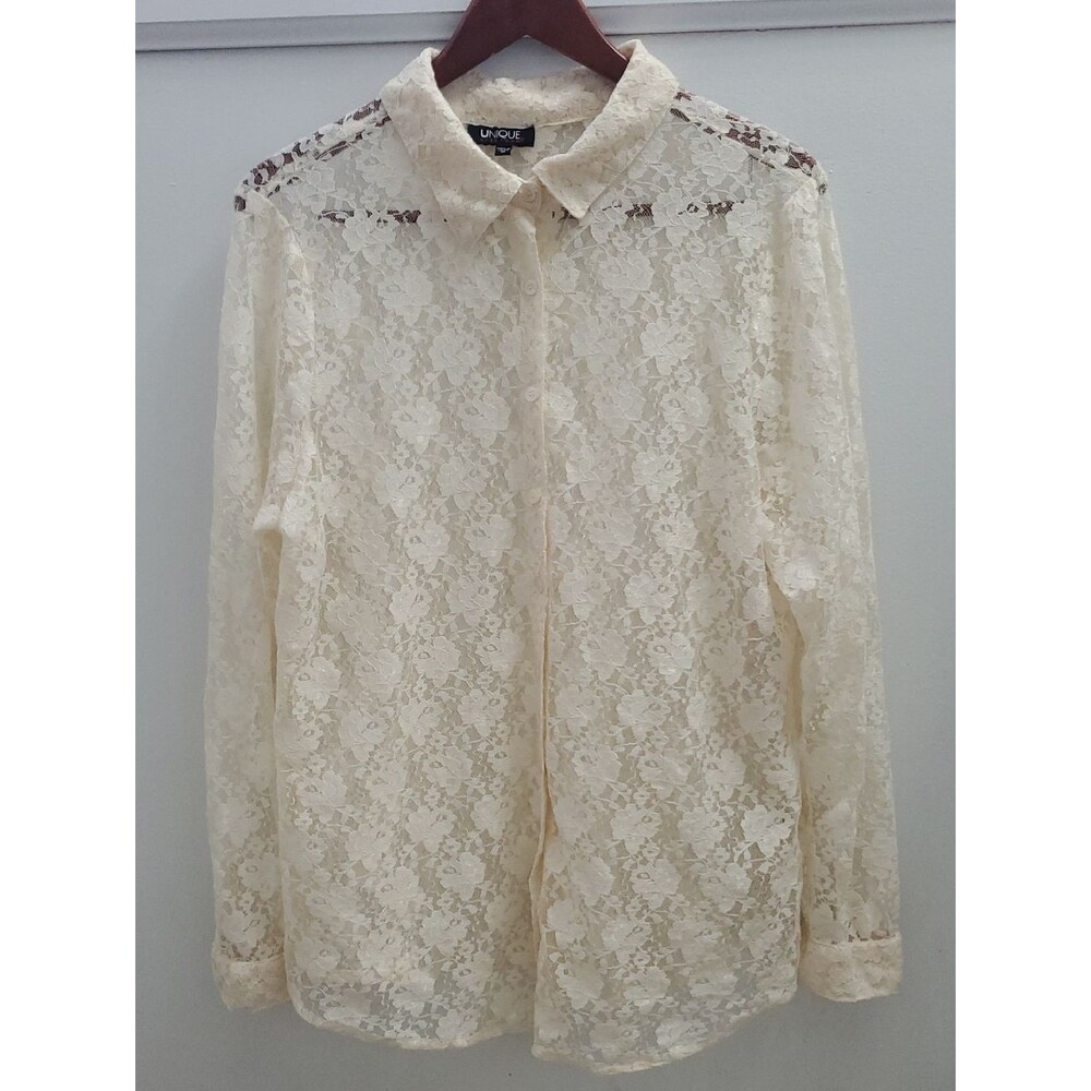 Unique Spectrum Cream Lace Button Up Top Sheer Size 1X